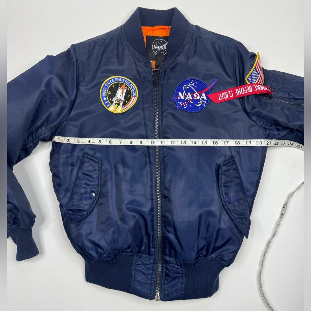 Revolve NASA 100th Space Shuttle Mission 3 Patch Satin Flight Jacket Size Small - Picture 10 of 15